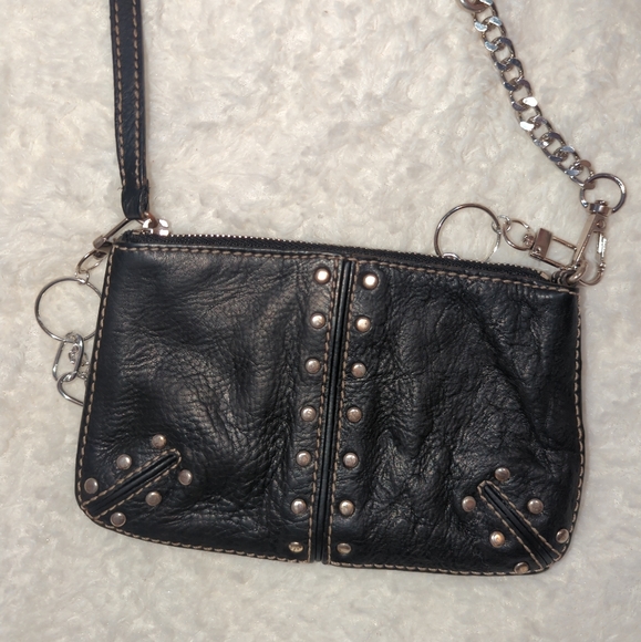 Michael Kors Black Leather Studs Shoulder Bag Silver Chains Mini Bag Grunge Punk - Picture 3 of 4